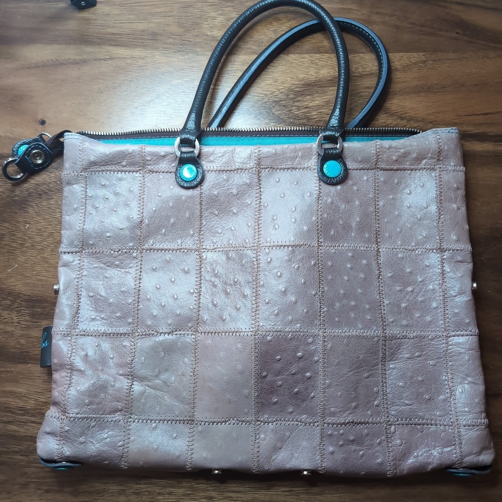 Gabs Italy Ostrich Embossed Leather Patchwork Tote Bag Taupe Turquoise Large